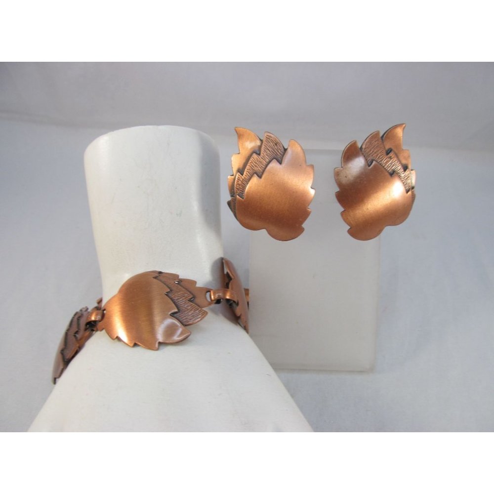 Vintage Copper Leaf Bracelet and Clip On Earring Set